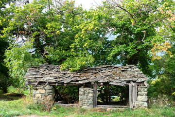 A ruined house surrounded by walnut trees