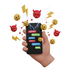 Hand holding a smartphone with angry emojis and lightning bolts, representing cyberbullying and online harassment