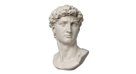 Isolated classical bust sculpture of a male head with curly hair art, studio photography