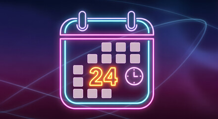 Vibrant neon calendar icon displaying date 24 and a clock, symbolizing digital scheduling, event management, and important appointments in a modern, glowing interface