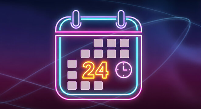 Vibrant neon calendar icon displaying date 24 and a clock, symbolizing digital scheduling, event management, and important appointments in a modern, glowing interface