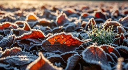 Frosty autumn leaves on ground at sunrise. Close-up of frozen foliage with morning dew. Nature's beauty in fall season. Concept of change and transition in cold weather.