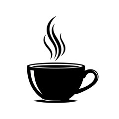 Black silhouette of a steaming coffee cup on a white background