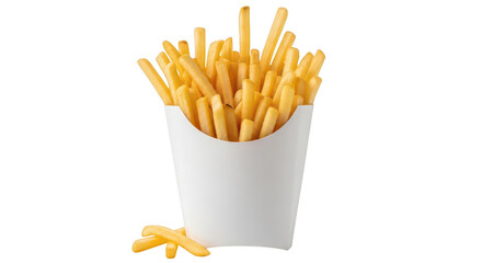 French fries in a white container on transparent background