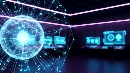 Futuristic data center with glowing sphere and digital network technology background - Powered by Adobe