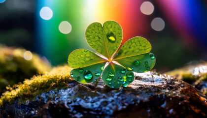 Indulge In The Enchantment Of St Patrickrs Day With This Four Leaf Clover On A Mossy Stone Where Refracted Rainbow Hues From Water Droplets Lend A Dreamy Magical Aura