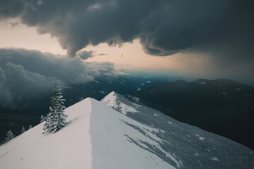 Snowy mountain peak under a dramatic sky, showcasing the raw beauty and harsh conditions of the alpine environment in winter season