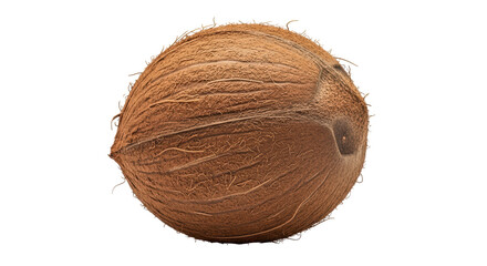 Isolated coconut with natural husk, tropical fruit, exotic brown texture close-up view