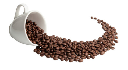 Coffee beans spilling from a cup on transparent background