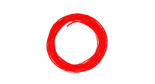 A handdrawn red circle isolated on transparent background, created with a brushlike stroke, giving it a textured and imperfect look, reminiscent of a quick sketch or a doodle, simple and minimalist de