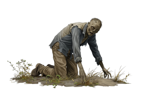Zombie Crawling in Dirt and Grass undead monster isolated on a transparent background