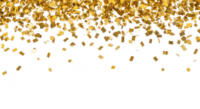 Golden confetti falling overlaying on transparent background