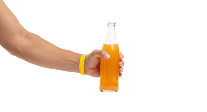 Isolated person holding orange juice bottle in hand wearing a yellow wristband accessory