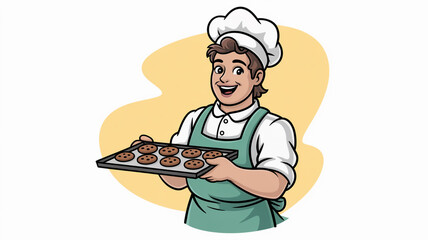 A happy baker in a chefs hat smiles while holding a tray of freshly baked chocolate chip cookies isolated on white background