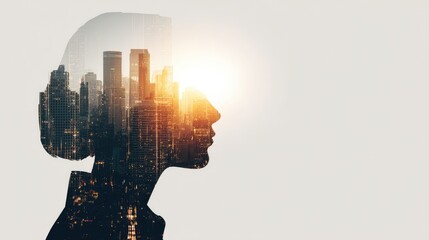 Silhouette of a person with a city skyline and a sun in the background.