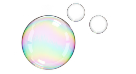 Iridescent soap bubbles floating on transparent background