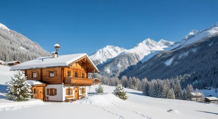 Cozy wooden chalet in snowy alpine landscape. Winter vacation in mountains. Ski resort scenery with log cabin, snow-covered trees and majestic peaks. Holiday getaway.