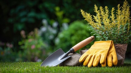 A gardening trowel and gloves on a green lawn with a basket of plants in the background.