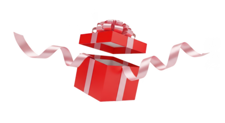 Open red gift box with pink ribbon on transparent background