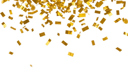 Golden confetti falling down view on transparent background