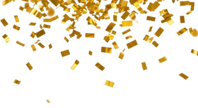 Golden confetti falling down view on transparent background