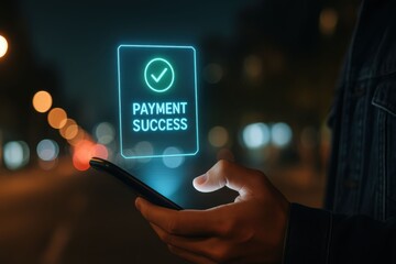 Successful Payment Confirmation on Smartphone Screen at Night.