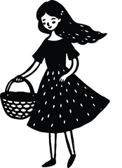 Fashion illustration of a princess in a dress with a fan, a beautiful and retro drawing of a woman in a dress with flowers