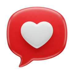Red chat bubble with white heart icon, isolated on white background
