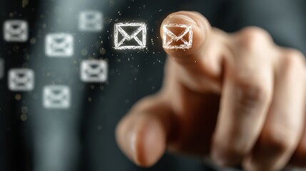 Hand touching digital email icons on screen with blurred background