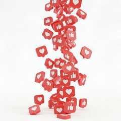 Falling social media like and heart icons in red, isolated on white background