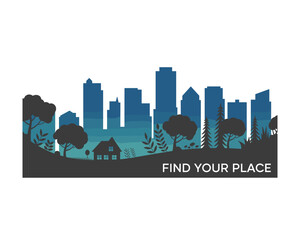 Naklejka premium Serene Cityscape and Countryside Blend: A Seamless Fusion of Urban and Rural Living, Reflecting a Balanced Lifestyle with the Message 