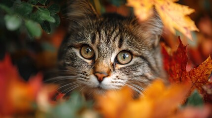 Cat Among Autumn Leaves, Showing Pet and Autumn Nature Scenario