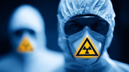 Hazmat suits and radiation warning symbol in blue toned environment