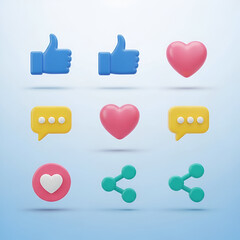 Collection of social media icons including thumbs up, hearts, chat bubbles, and share symbols, isolated on white background
