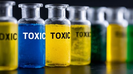 Toxic substances: colorful bottles with hazardous labels