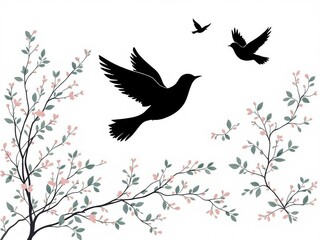 Silhouette of a flock of birds in flight soaring gracefully through delicate branches and leaves