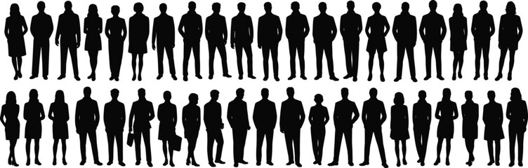 Black silhouette business professionals, corporate attire, diverse workforce, office staff, teamwork, communication, business crowd illustration, professional people, group figures