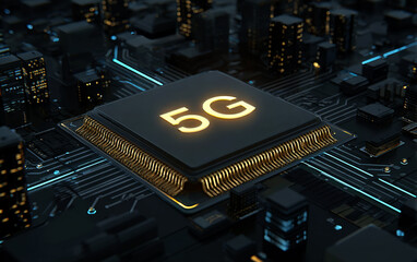 5G chip illustration showing advanced technology in a city background