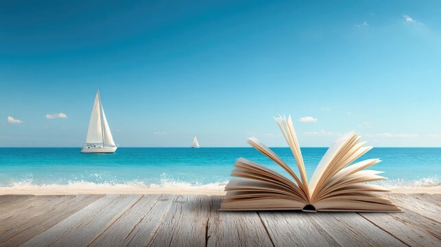 An open book with pages fluttering on a wooden deck, overlooking a serene beach with sailboats in the distance.
