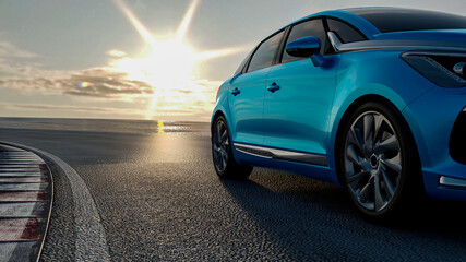 Fototapeta premium 3d car sedan rides on the road to meet the sun, concept 3d render for advertising auto products