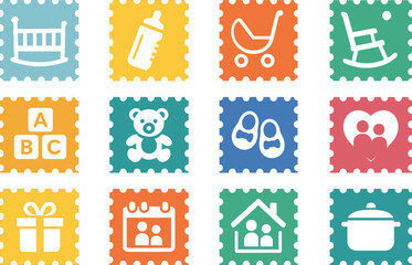 A 16-set collection of flat, solid color icons representing family postage stamps
