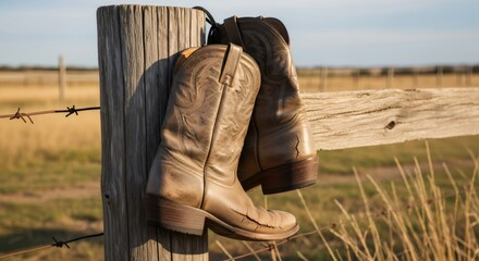 Cowboy boots hanging on wooden fence post in rural field. Western ranch lifestyle. American countryside scene. Rustic farm equipment and traditional footwear
