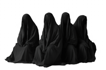 Mysterious figures in black robes seated silently on a dark background
