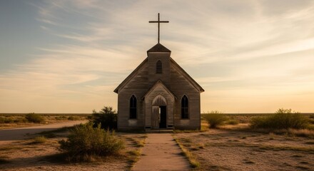 Abandoned wooden church in desert landscape at sunset. Old rustic chapel with cross on rural horizon. Vintage American West architecture. Christian faith symbol in desolate setting.