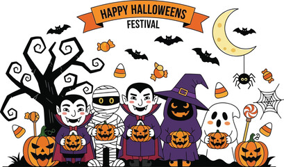 Spooky Halloween festival with vampires and ghosts cartoon