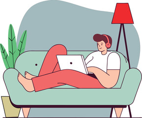 Work From Home Vector | Cartoon Man with Laptop on Sofa | Flat Design Remote Job Illustration | Modern Home Office Character Graphic