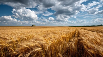 Golden Wheat Field Under Dramatic Cloudy Sky with Machinery