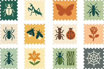 A 16-set collection of flat, solid color icons designed as postage stamp frames. Each icon represents insects and nature with clean vector elements: beetle, mantis, butterfly, grasshopper, spider, fir