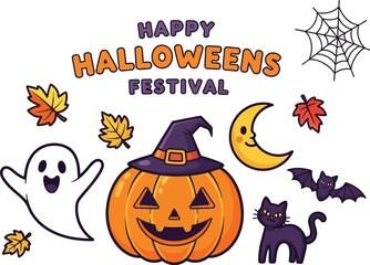 Adorable Halloween festival design with cartoon pumpkin character
