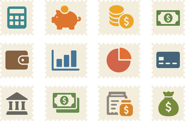 A 16-set collection of flat, solid color icons representing budget postage stamps. Each icon framed with a smooth stamp border. F